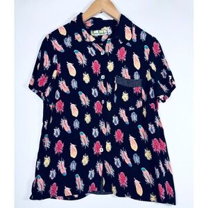 Loco Lindo Blouse Womens Small Black Feather Print Short Sleeve Made in USA